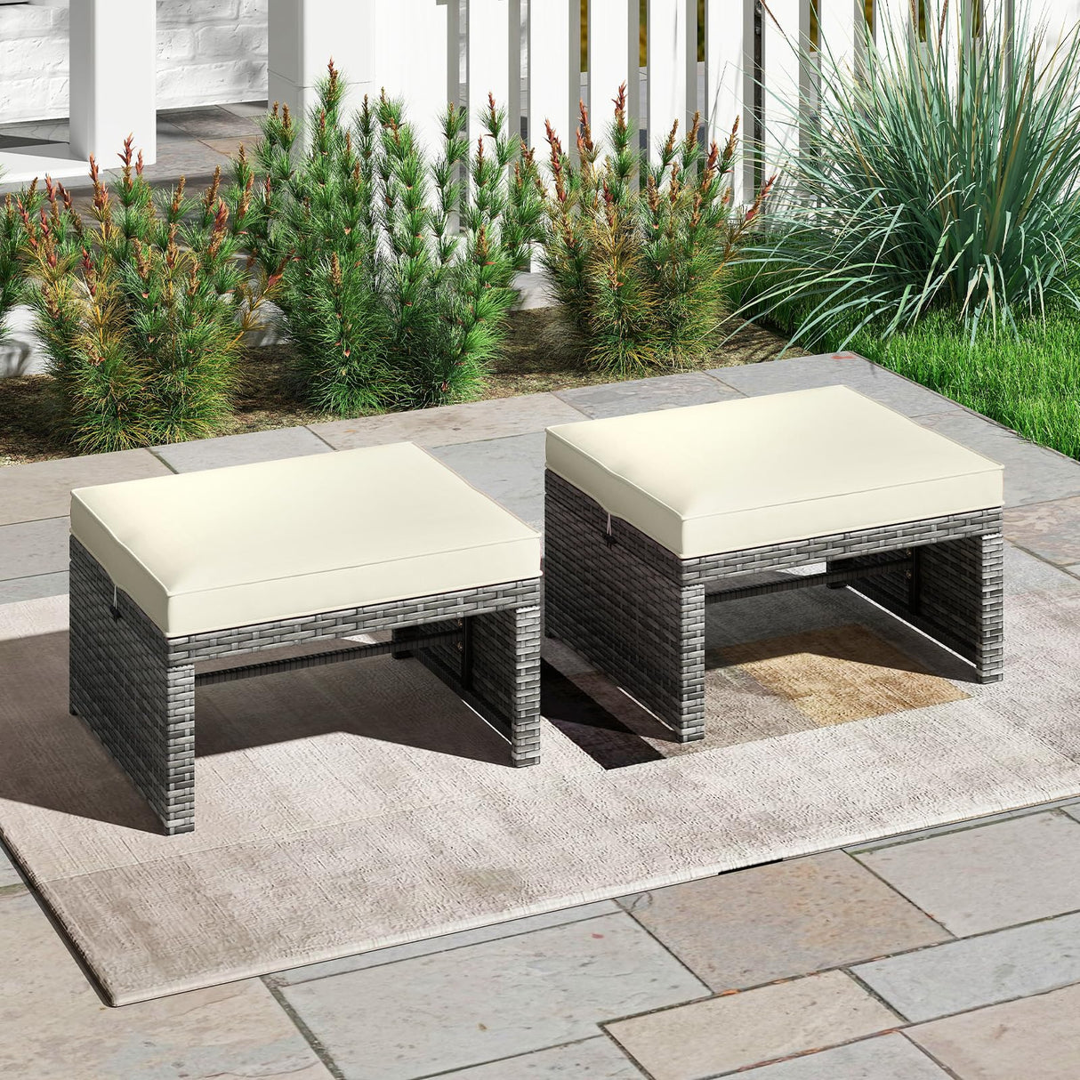 RELAX4LIFE Wicker Outdoor Ottoman Set of 2 - Rattan Footstools Foot Rest w/Removable Cushions, Multipurpose Side Table & Additional Seating, Outdoor Ottomans for Patio Garden Porch (Grey-Off White) RELAX4LIFE