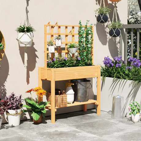 Outsunny Wooden Raised Garden Bed with Trellis, Elevated Planter Box with Storage Shelf, Outdoor Flower Box for Vegetables, Flowers, Herbs Outsunny