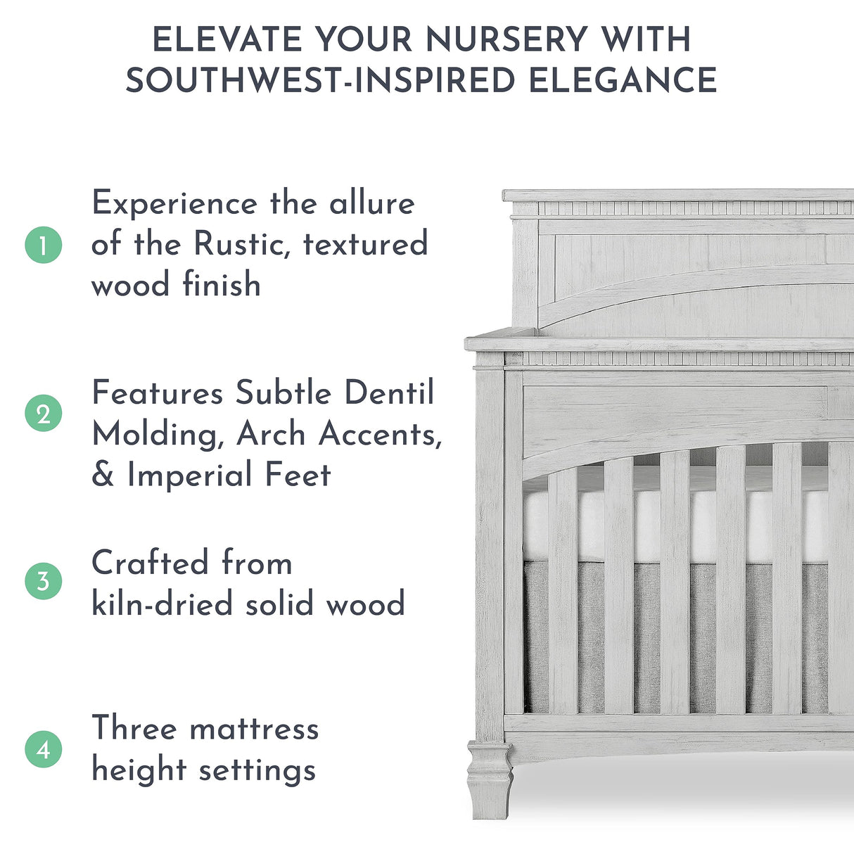 Evolur Santa Fe 5-in-1 Convertible Crib in Antique Mist, Greenguard Gold Certified, Features 3 Mattress Heights, Wooden Nursery and Bedroom Furniture, Baby Crib Evolur