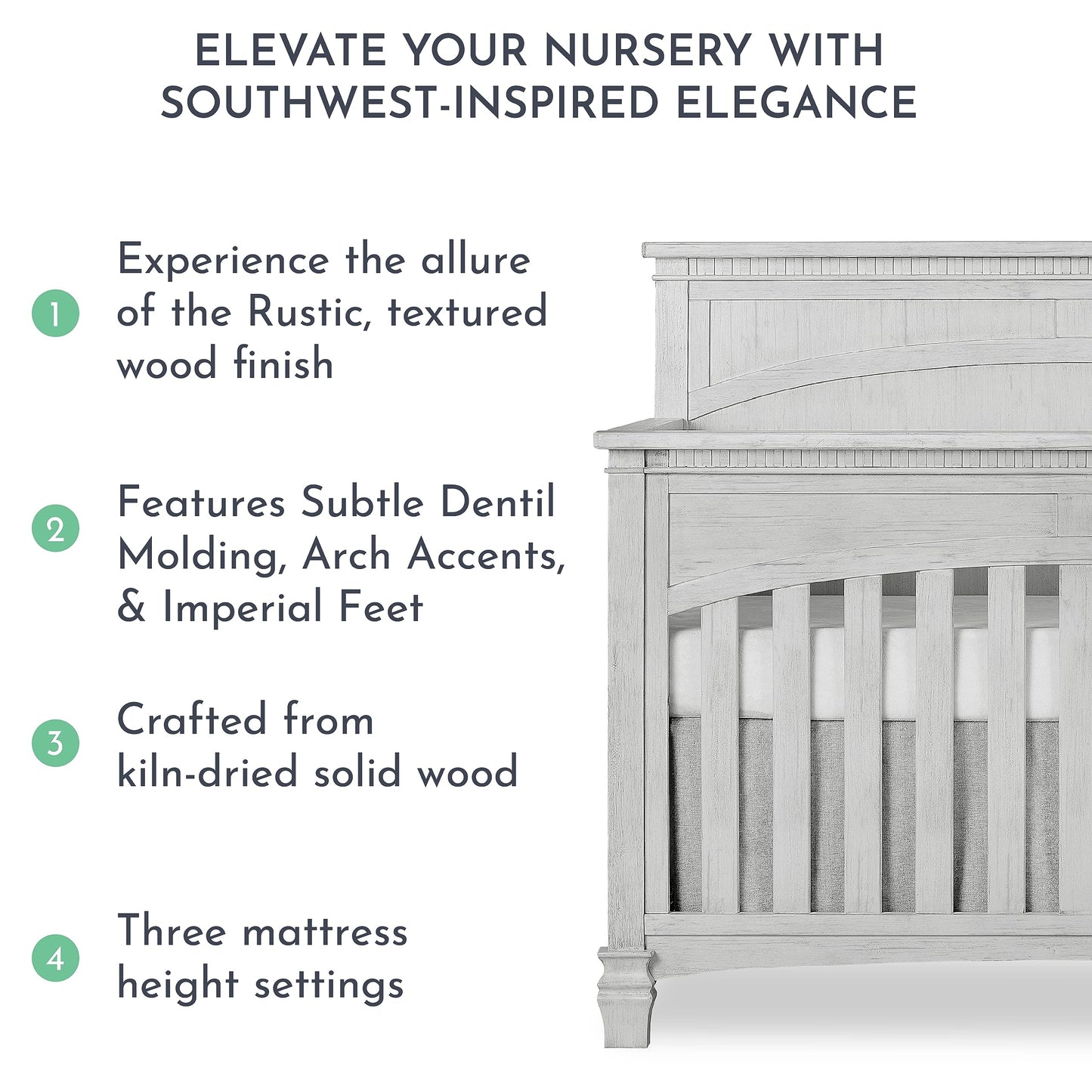 Evolur Santa Fe 5-in-1 Convertible Crib in Antique Mist, Greenguard Gold Certified, Features 3 Mattress Heights, Wooden Nursery and Bedroom Furniture, Baby Crib - WoodArtSupply