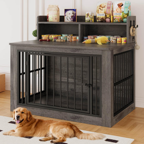 IRONCK Extra Large Dog Crate Furniture, 43.3 inches Wooden Dog Crate with Storage and 4 Hooks, Heavy Duty Pet Crate for Large Dog, Decorative Pet Cage for Indoor (30" L x 43.3" W x 41.1" H) IRONCK