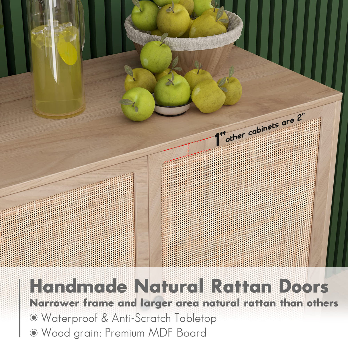 Yechen Set of 3 Rattan Cabinet, Sideboard Storage Cabinet with Handmade Natural Rattan Doors, Buffet Cabinet, Cane Credenza for Living Room, Dining Room, Entryway, Kitchen, Yechen