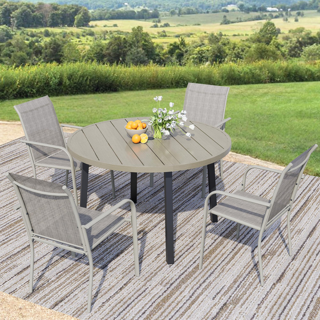 Seekverse 5-Piece Outdoor Dining Set, Round Metal Table with 4 Grey Chairs, Teak Patio Table with Umbrella Hole for Garden, Yard, Patio Seekverse
