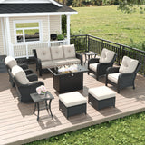 LayinSun 10 Piece Wicker Outdoor Furniture Set with 6-inch Comfy Cushions, High Back Patio Furniture Set with Swivel Rocking Chairs and Fire Pit Table LayinSun