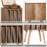 LELELINKY Record Player Stand,Vinyl Record Storage Table with 4 Cabinet Up to 100 Albums,Mid-Century Modern Turntable Stand with Wood Legs,Oak Grey Vinyl Holder Display Shelf for Bedroom Living Room LELELINKY