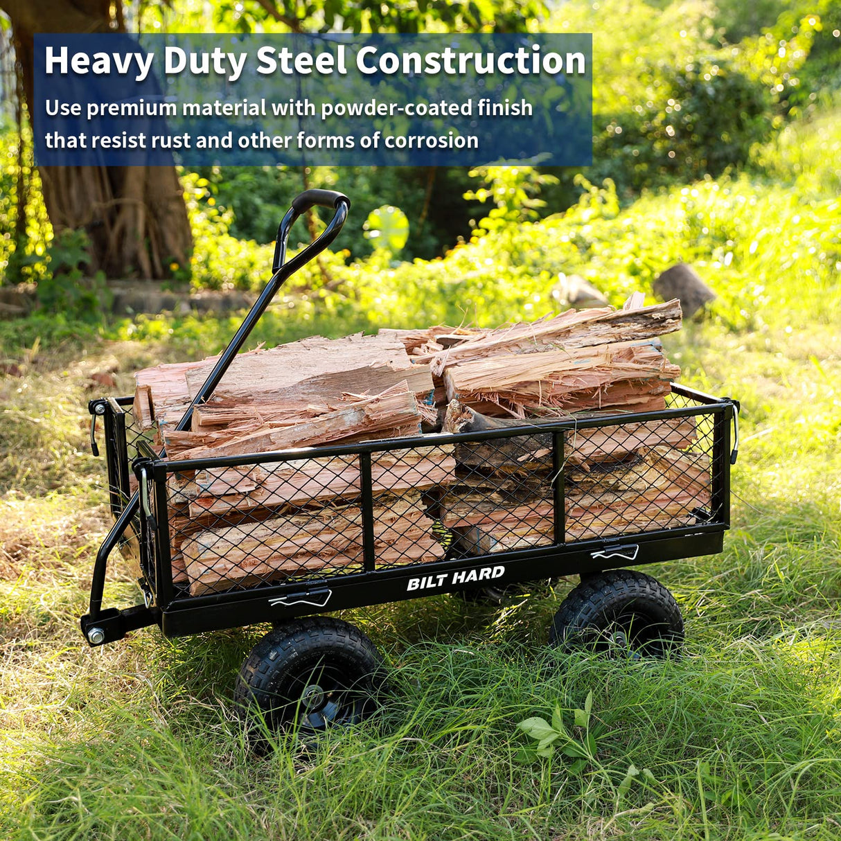 BILT HARD 400 lbs 10" Flat Free Tires Steel Garden Cart with 180° Rotating Handle and Removable Sides, 4 Cu.Ft Capacity Utility Heavy Duty Garden Carts and Wagons BILT HARD