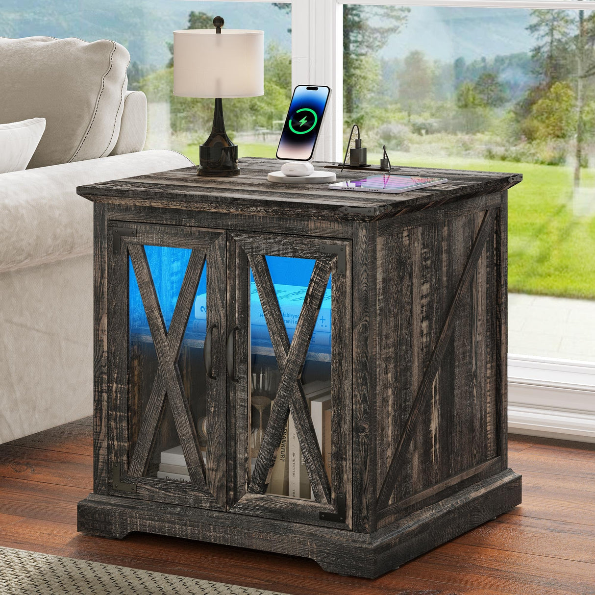YITAHOME End Table, Farmhouse Sofa Side Coffee Table with Charging Station and LED Lights Bedside Table, Nightstand Storage for Living Room, Bedroom, Office, Dark Rustic Oak YITAHOME