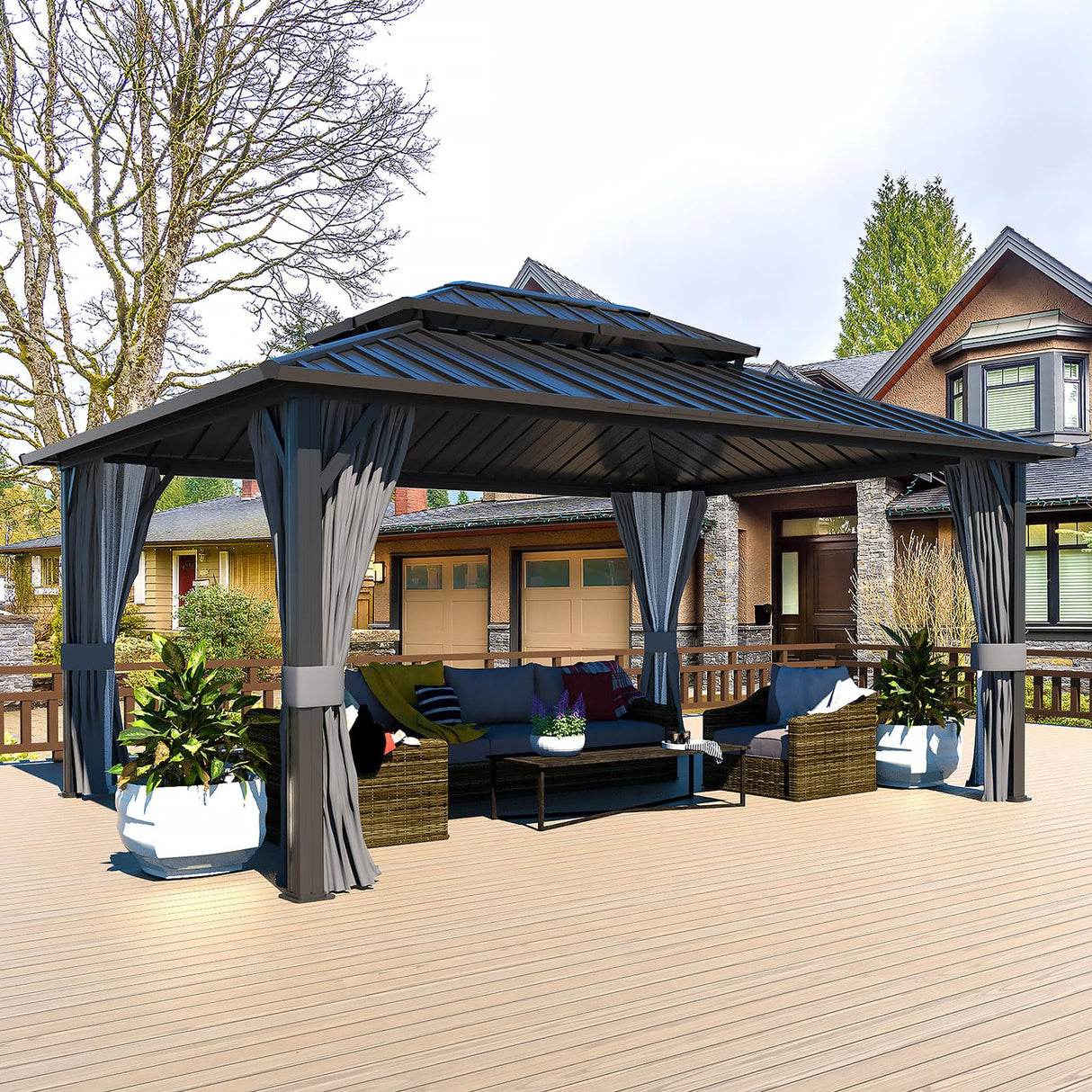 Yardenaler 12x14 FT Hardtop Gazebo Canopy with Double Galvanized Steel Roof, Permanent Outdoor Pavilion with Curtain & Mesh Netting for Patio. Garden, Backyard, Black Yardenaler