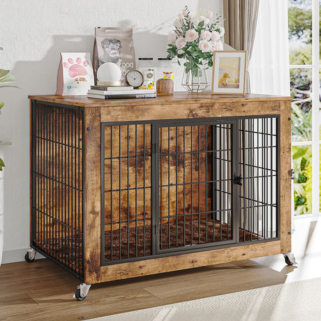 LEMBERI 38 Inch Dog Crate Furniture with Cushion, Double Doors Wooden Dog Kennel Indoor with Wheels, Pet House Decorative Side End Table for Large Medium Dogs, Rustic Brown LEMBERI