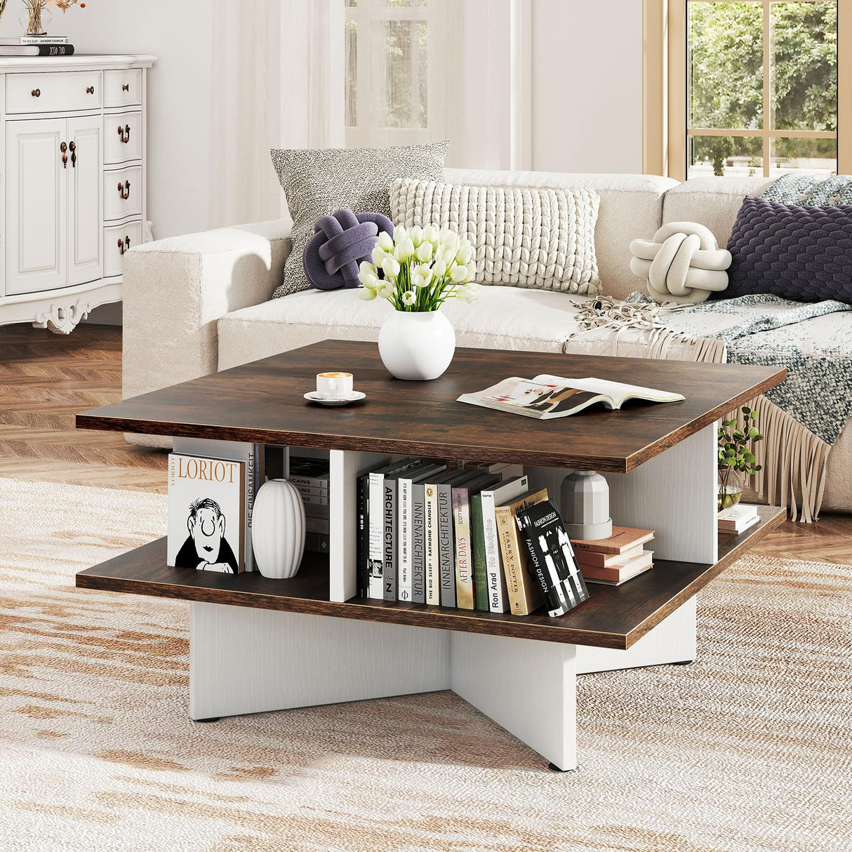 Giantex Square Coffee Table, Mid Century Modern Center Table with 4 Storage Compartments & Cross-Shape Base, 24 Inch Farmhouse Coffee Tables for Living Room (Brown) Giantex