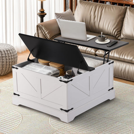 KIGOTY Lift Top Coffee Table with Storage, 31.5" Square Coffee Table, Rustic Storage Coffee Table,Farmhouse Center Table with Hidden Compartment for Living Room,White KIGOTY