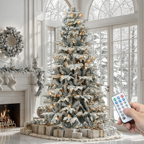 YITAHOME Pre-Lit Flocked Artificial Christmas Tree with Remote, 6.5 FT Snow Flocked Natural Layered Christmas Tree with 760 PE & PVC Mixed Tips and 350 Lights for Home, Office, Party Decoration YITAHOME