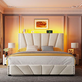 EnHomee Queen Bed Frame with Velvet Headboard and LED Lights, Storage Headboard with Charging Station, Bed Frame Queen Size with Sturdy Wooden Slats Support, Noise-Free, Easy Assembly, Beige EnHomee