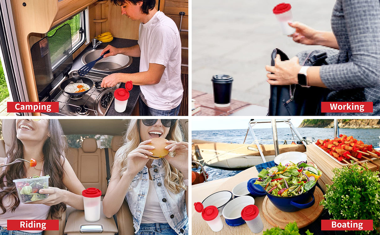 SIGNORAWARE Salt and Pepper Shakers Moisture Proof Set of 2 Large Salt Shaker to go Camping Picnic Outdoors Kitchen Lunch Boxes Travel Spice Set Clear with Red Covers Lids Plastic Airtight Dispenser SIGNORA WARE