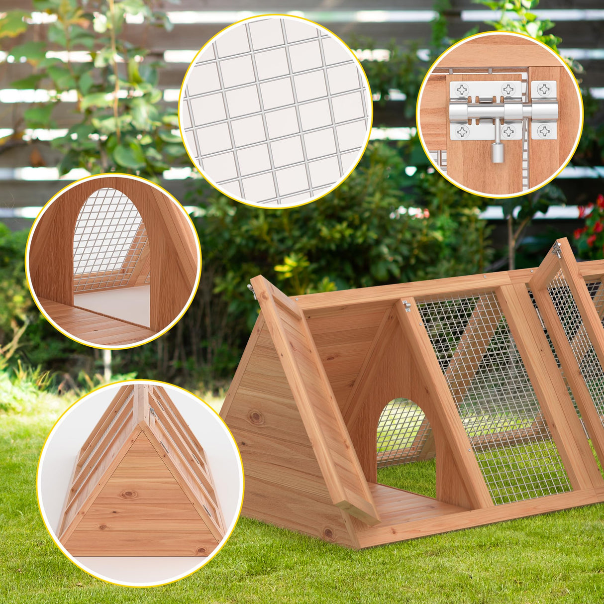 Rabbit Hutch, Small Chicken Coop Outdoor A-Frame Quail Cage with 2 Door & Run Cage Wooden Triangle Quail Hutch with Ventilating Wire Poultry Hutch for Small Animal (Wood) Phonjoroo