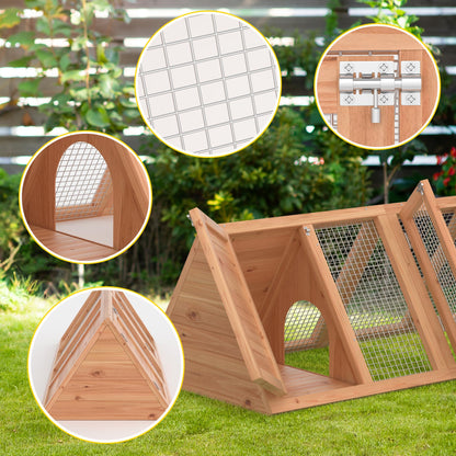 Rabbit Hutch, Small Chicken Coop Outdoor A-Frame Quail Cage with 2 Door & Run Cage Wooden Triangle Quail Hutch with Ventilating Wire Poultry Hutch for Small Animal (Wood)