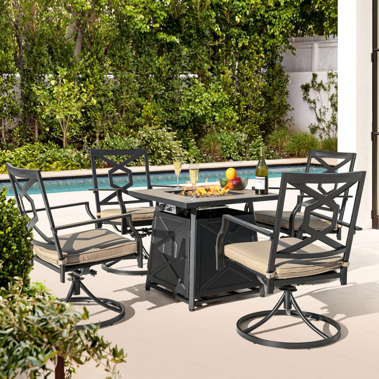 NUU GARDEN 5-Piece Patio Furniture Set with Fire Pit Table, 28'' 50,000 BTU Propane Gas Cabinet Fire Pit Table with Cover and 4 Dining Swivel Chairs with Padded Cushions, Black and Beige NUU GARDEN