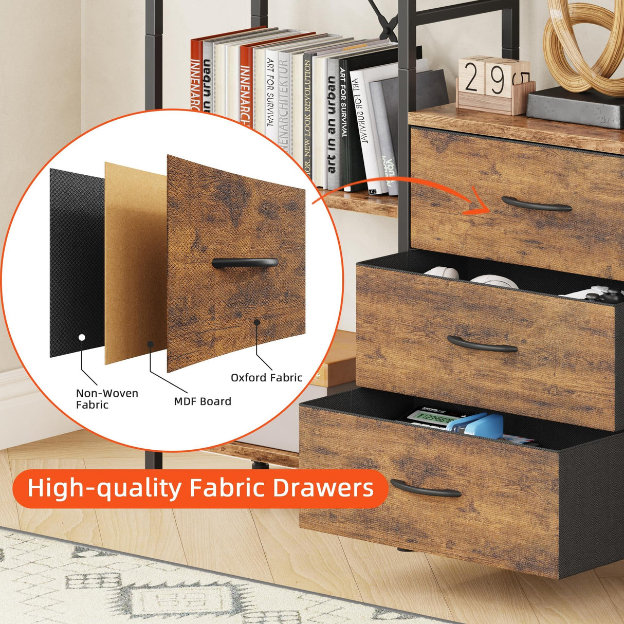 AFLUI Triple Bookshelf with 3 Fabric Drawers, 5-Tier Book Shelf and 10 Display Shelves, Industrial Large Bookcase for Home & Office, Rustic Brown, 47'' Wide AFLUI