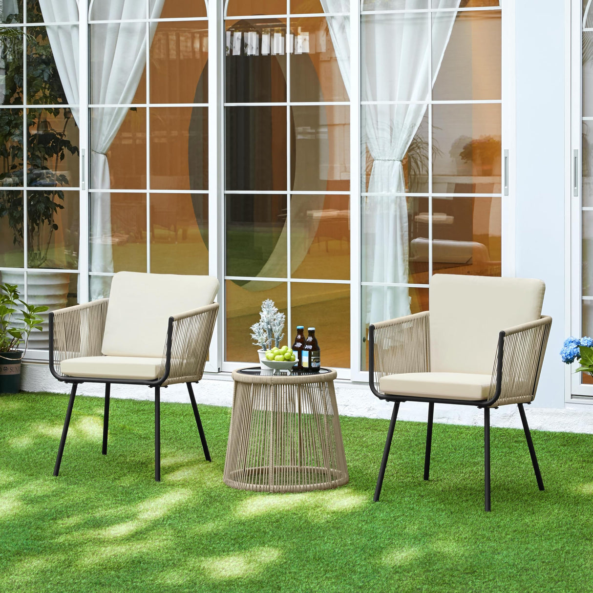 Yaheetech 3-Piece Patio Furniture Set, Outdoor PE Rattan Wicker Bistro Set w/ 2 Chairs & Tempered Glass Top Table & Cushions, for Poolside/Porch/Garden/Yard Yaheetech