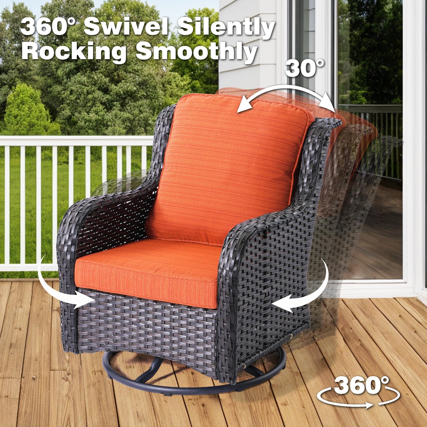 ovios Outdoor Furniture Set 9 Pieces Rocking Swivel Chairs High Back Wicker Rattan Sofa Couch with Square Propane Fire Pit Table, Patio Furniture Set, Brown Wicker, Orange Red - WoodArtSupply