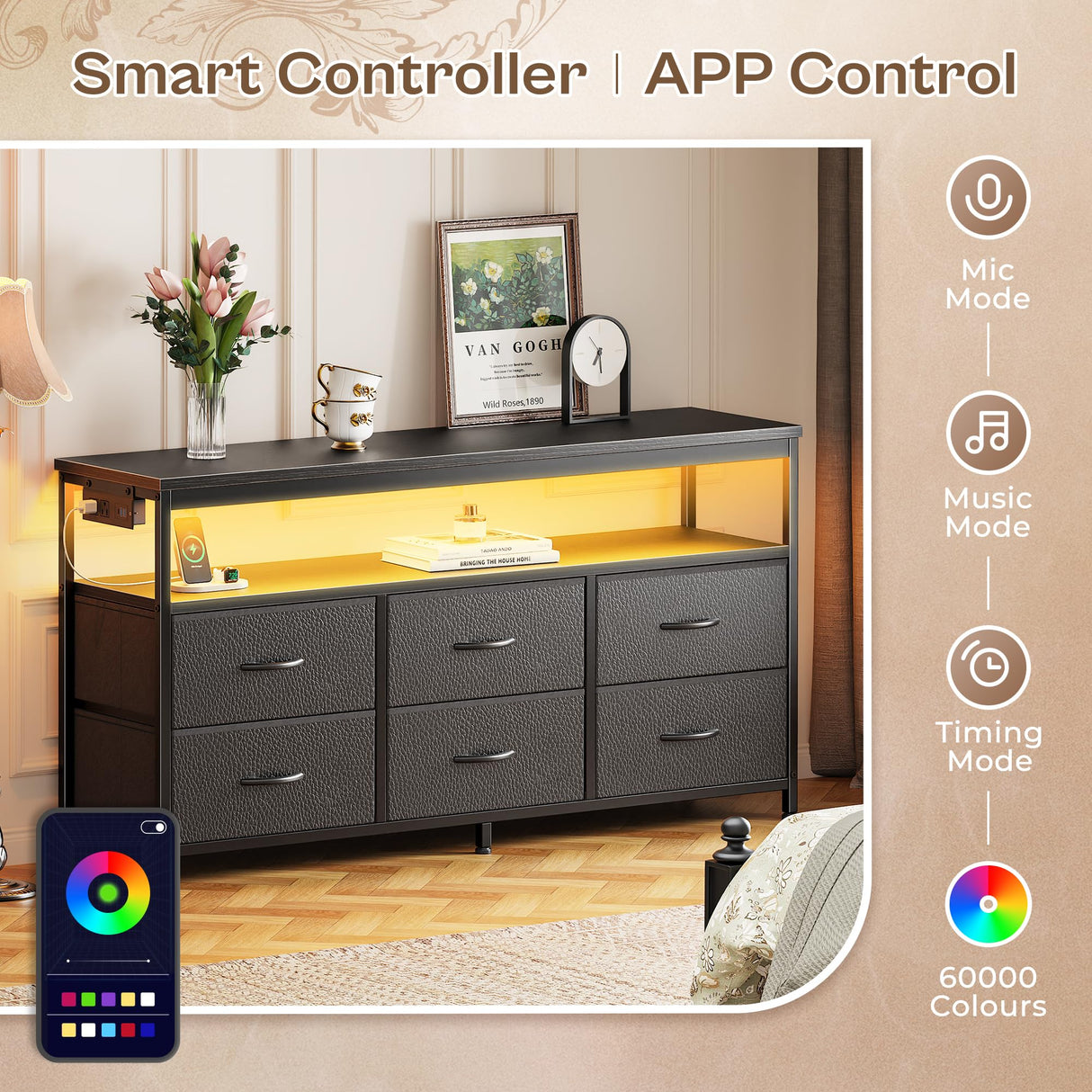 Huuger LED TV Stand for Bedroom, 47 Inch Dresser with Power Outlets, Entertainment Center for 55, 50, 43 Inch TV, 6 Drawer Dresser for Bedroom, Chest of Drawers with Open Shlef, PU Leather, Black Huuger