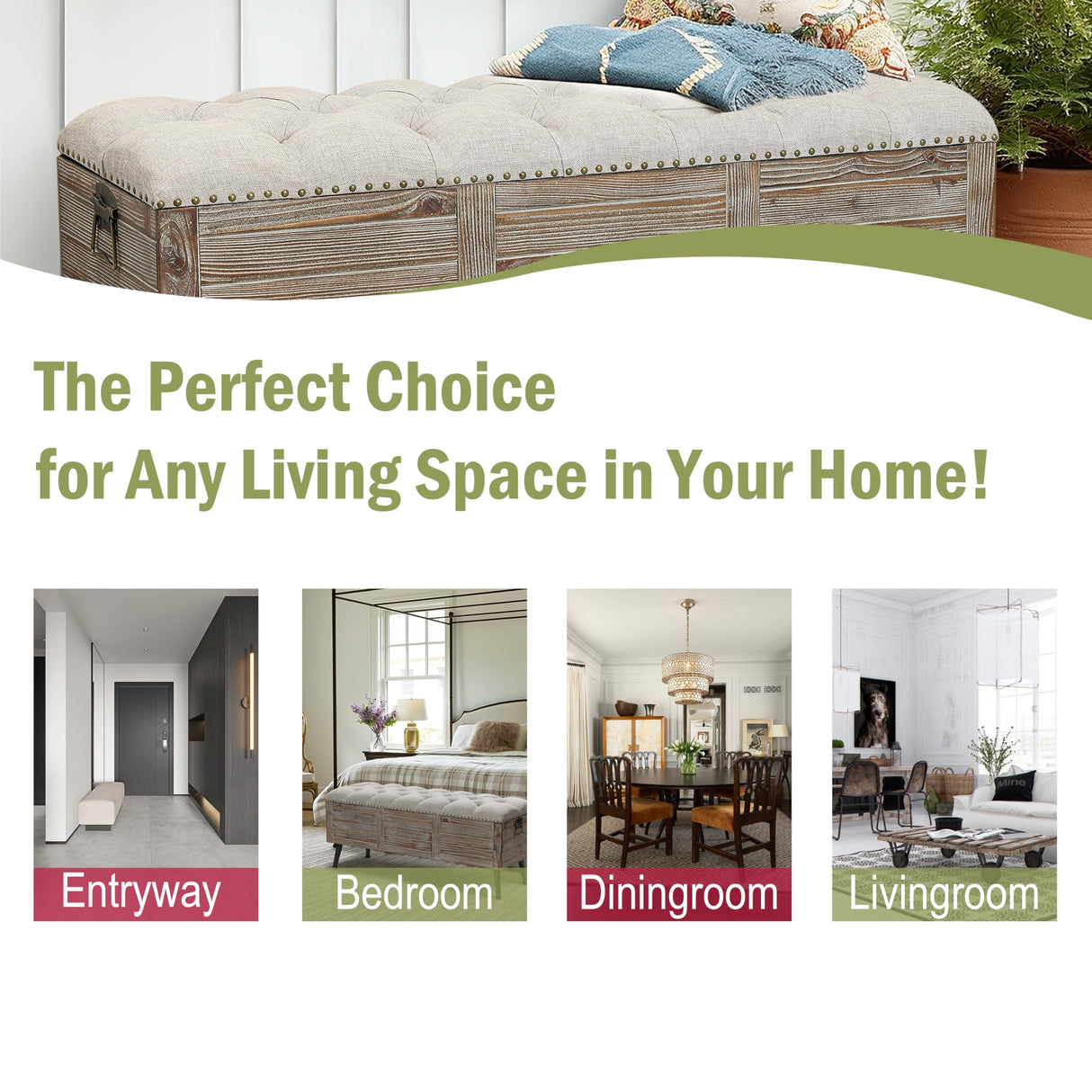 LuxenHome Storage Bench for Bedroom, 47" Wood Upholstered Bench with Storage and Seating, Luxury Beige and Brown Farmhouse End of Bed Bench, Storage Ottoman Bench for Living Room/Bedroom/Entryway LuxenHöme