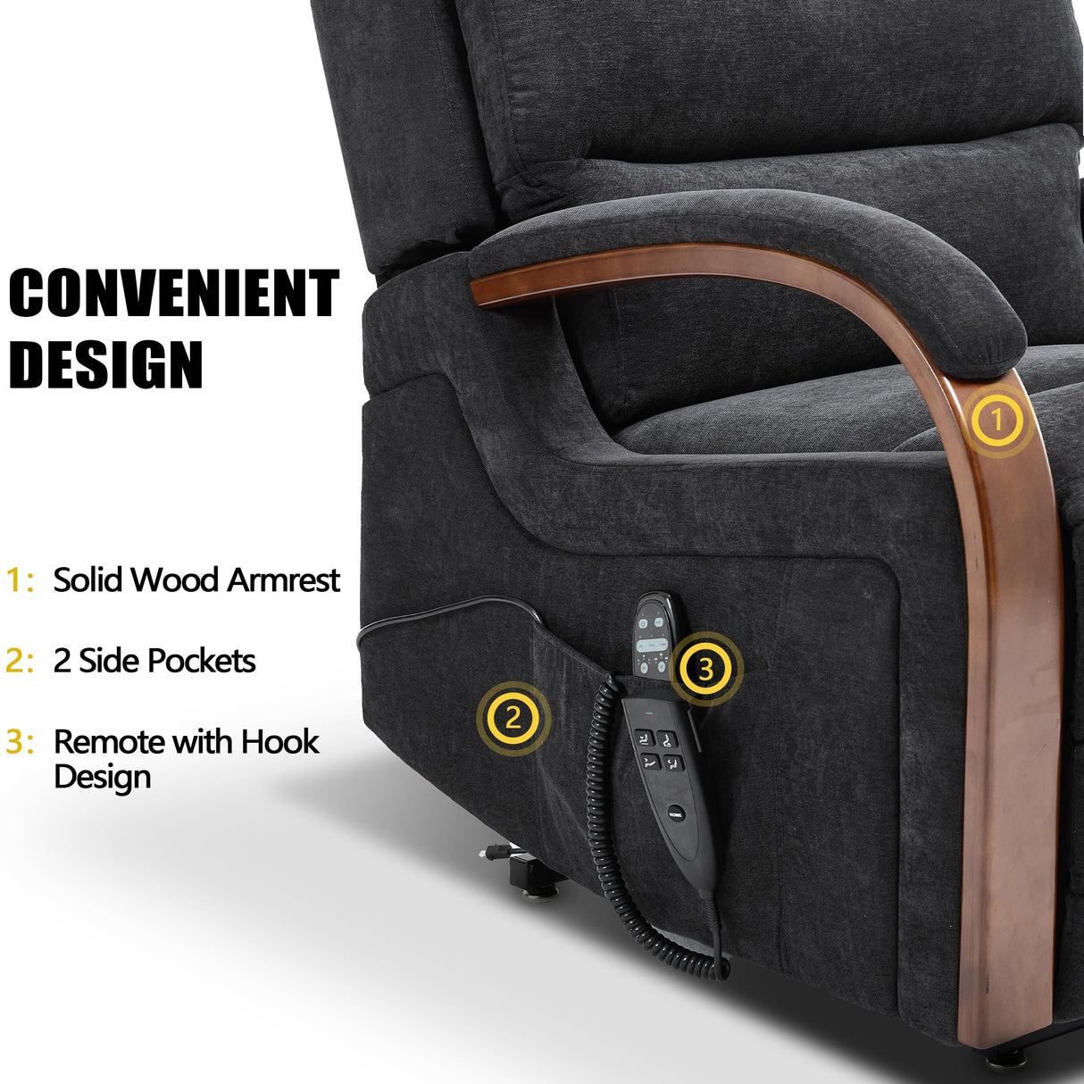 Power Lift Recliner Chair for Elderly People, Dual Motor Lift Chair with Vibration Massage and Heat, Lay Flat Recliner with Solid Wood Armrest, Standing Assistance Reclining, Chenille Fabric Black EZZUP