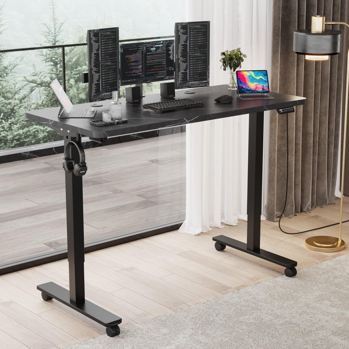 Monomi Height Adjustable Electric Standing Desk, 55 x 24 Inches Stand up Desk, Sit Stand Home Office Computer Desk(Black Frame+Marble Black Top) Monomi