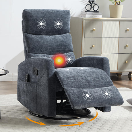 Manual Swivel Rocker Recliner Chair for Adults, Overstuffed Reclining Glider Chair for Nursing with Vibration Massage & Heat, Living Room Rocking Recliner 3-Stage backrest, Chenille Fabric Blue EZZUP