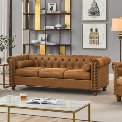 Asucoora Air Leather Tufted Sofa Couch for Living Room, Rolled Arm 3-Seater Sofa Couch with Nailhead Trim and 2 Neck Roll Pillows, Small Apartment Chesterfield Sofa