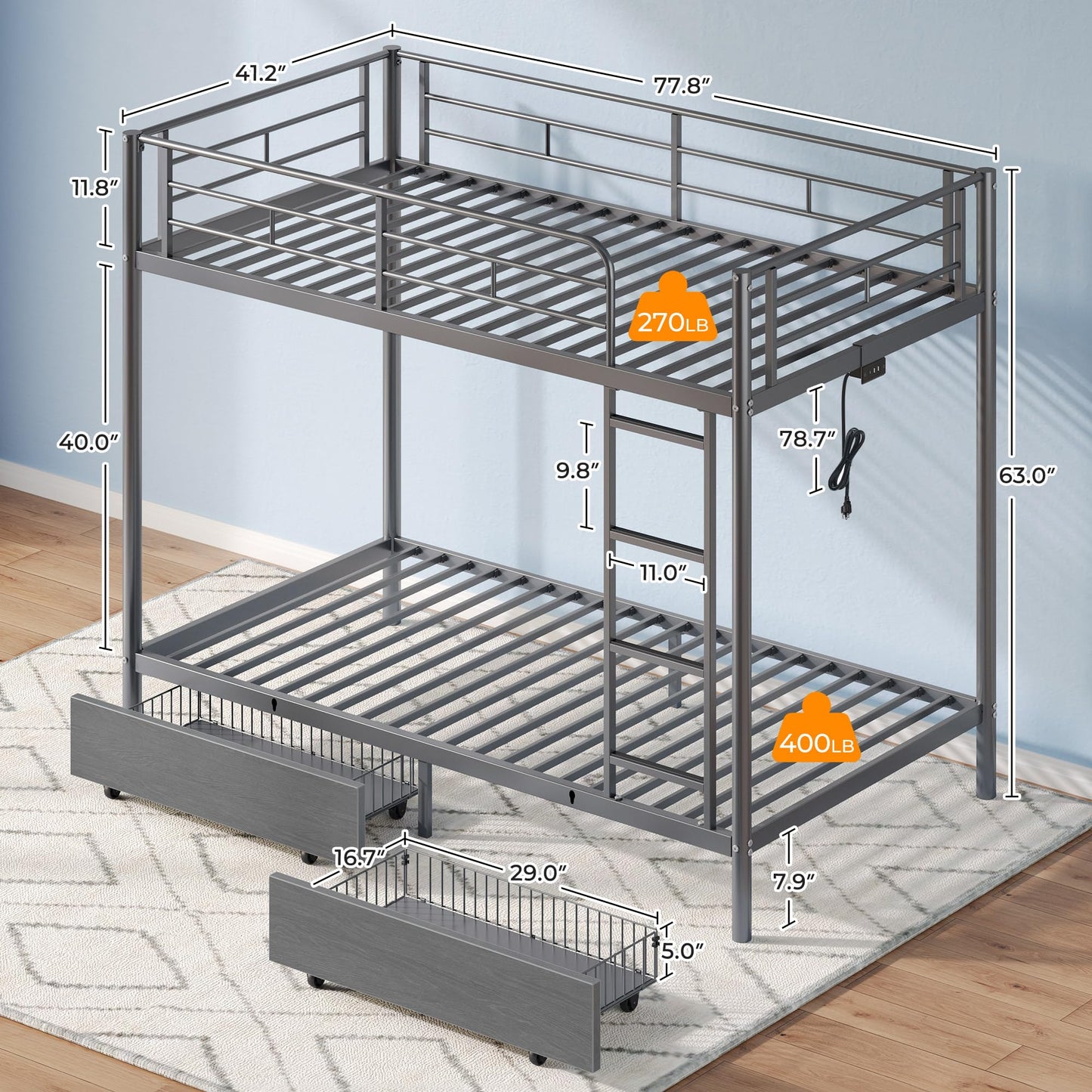 Rolanstar Metal Bunk Bed Twin Over Twin with USB Charging Station, LED Bunk Bed with 2 Storage Drawers, Bed with Safety Guardrail & Ladders, No Box Spring Needed, Easy Assembly, Grey