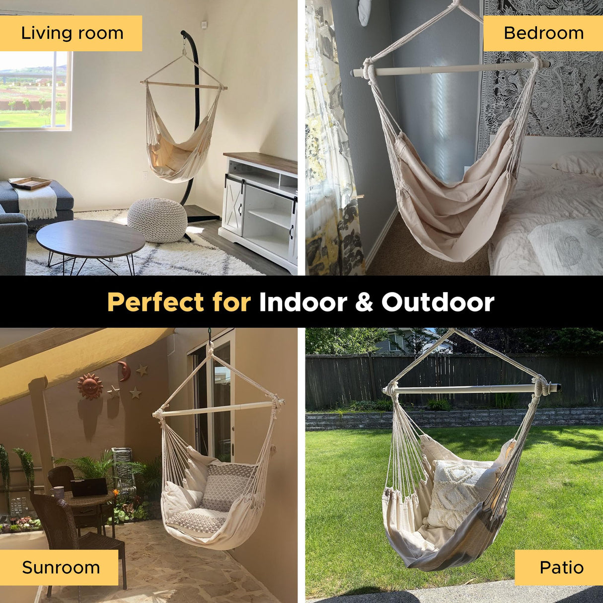 ADVOKAIR Hammock Chair Swing (500 lbs Max) - Hanging Hammock Chair Rope Swing Indoor for Bedroom, Outdoor, Patio, Bedroom, Porch, Deck - Sturdy Steel Bar with Anti-Slip Safety Rings ADVOKAIR