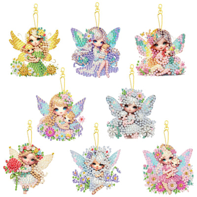 Masendp 8 Pieces 5D DIY Diamond Art Painting Keyring, Angel Fairy Double Sided Diamond Keychain, Mosaic Paste Painting Keychain, Diamond Art Pendant Jewelry Wallet Bag Decoration