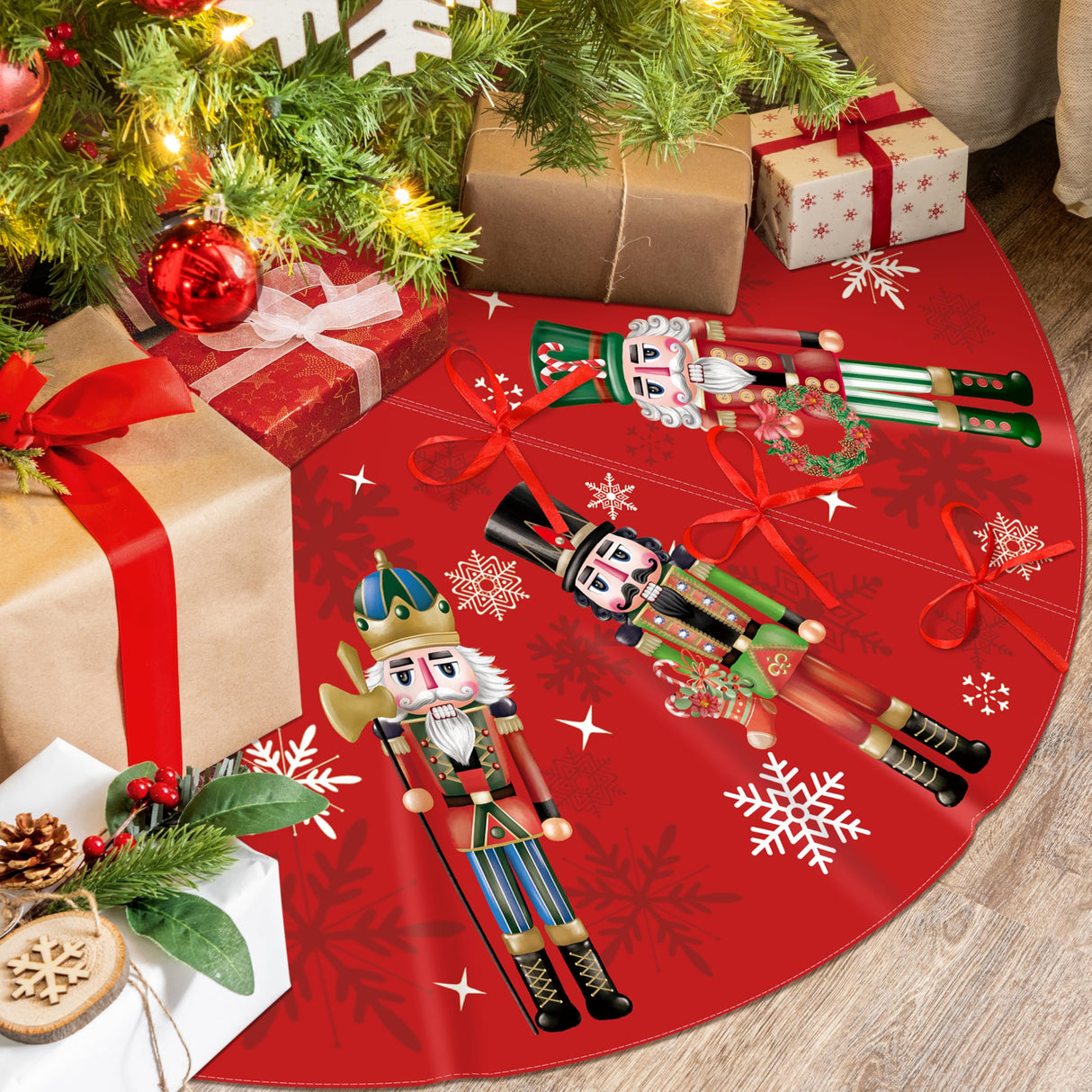 Christmas Tree Skirt 48 Inch Red Xmas Winter Tree Skirt Nutcracker Christmas Tree Skirt Collar Xmas Decoration Tree Mat Rustic Christmas Decorations for Home Office Winter Holiday Party Decor Fayoo