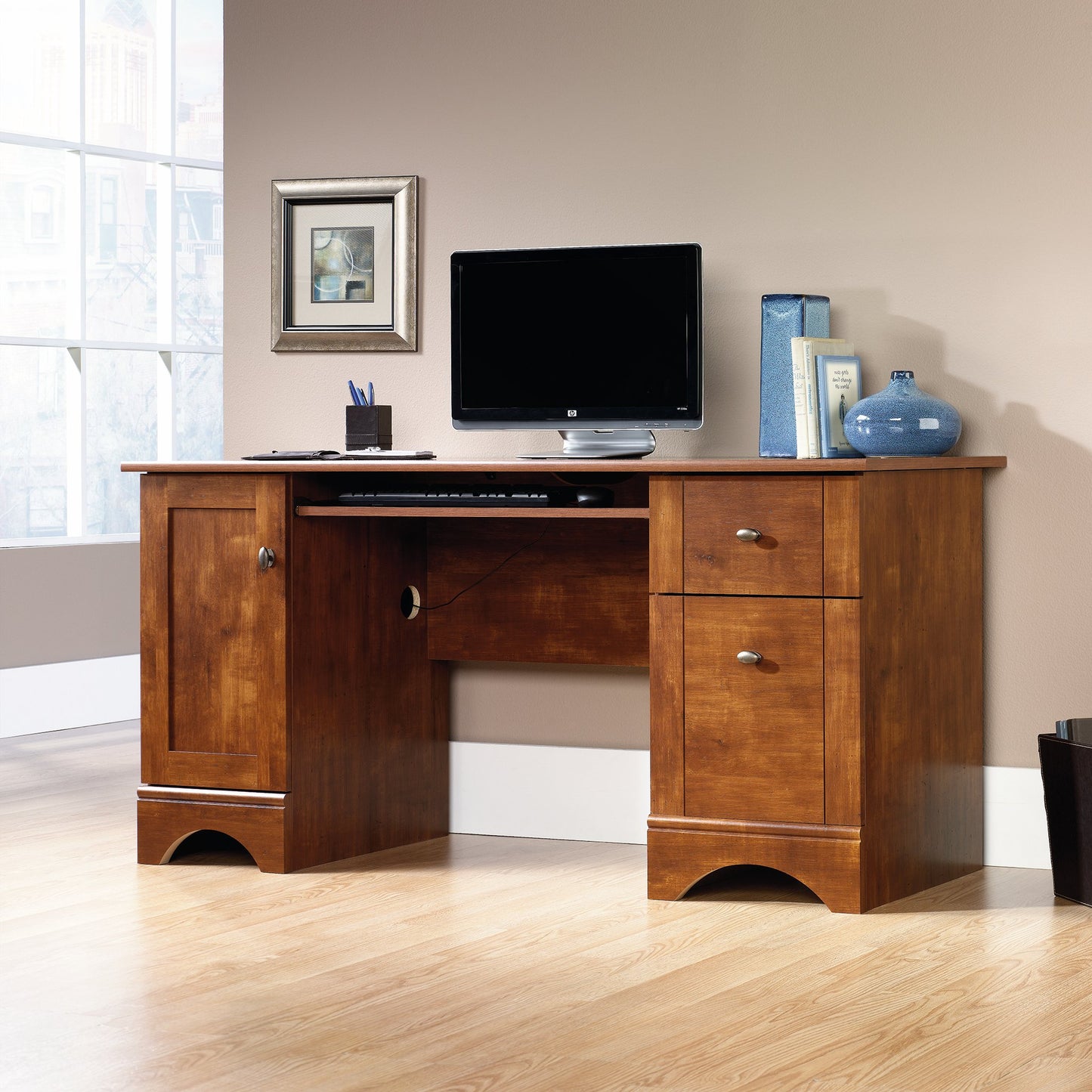 Sauder Computer Desk, Brushed Maple finish - WoodArtSupply