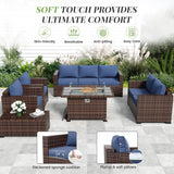 Amopatio Patio Furniture Set with Fire Pit Table, 6 Pieces Outdoor Oversized Sectional Couch Wicker Patio Armrest Sofa, 44" Fire Pit Conversation Sets with Storage Table, Waterproof Cover (Navy) Amopatio