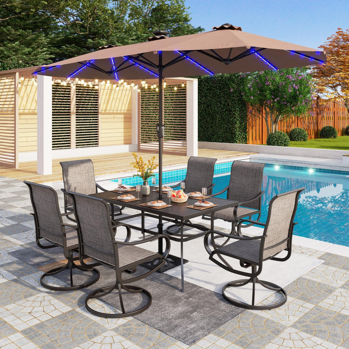 PHI VILLA 13ft Large Patio Umbrella with Solar Lights, Double-Sided Outdoor Market Rectangle Umbrella with 120 PCS LED Lights, Beige (No Base) PHI VILLA