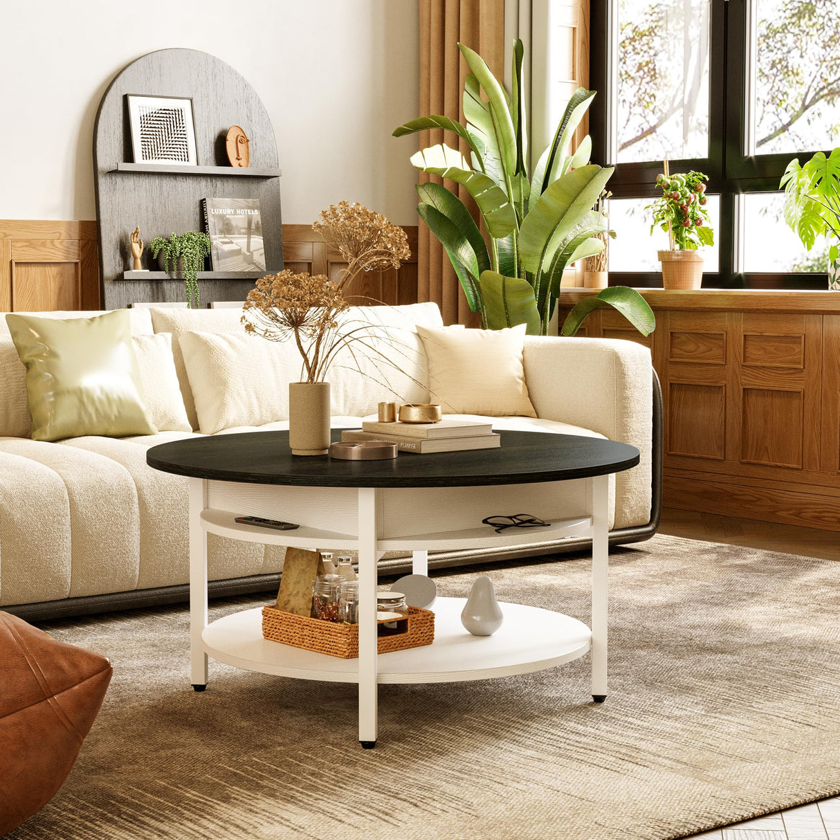 FABATO 35.43”Round Lift-Top Coffee Table Large Storage with Hidden Compartment Round Coffee Table 2-Tier Farmhouse Style Living Room Table Round Dining Coffee Table,White FABATO