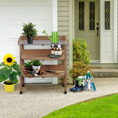 Yaheetech Outdoor Garden Potting Bench Table, Wooden Horticulture Planting Worstation w/Metal Tabletop/Storage Shelf/3 Hooks, Brown - WoodArtSupply