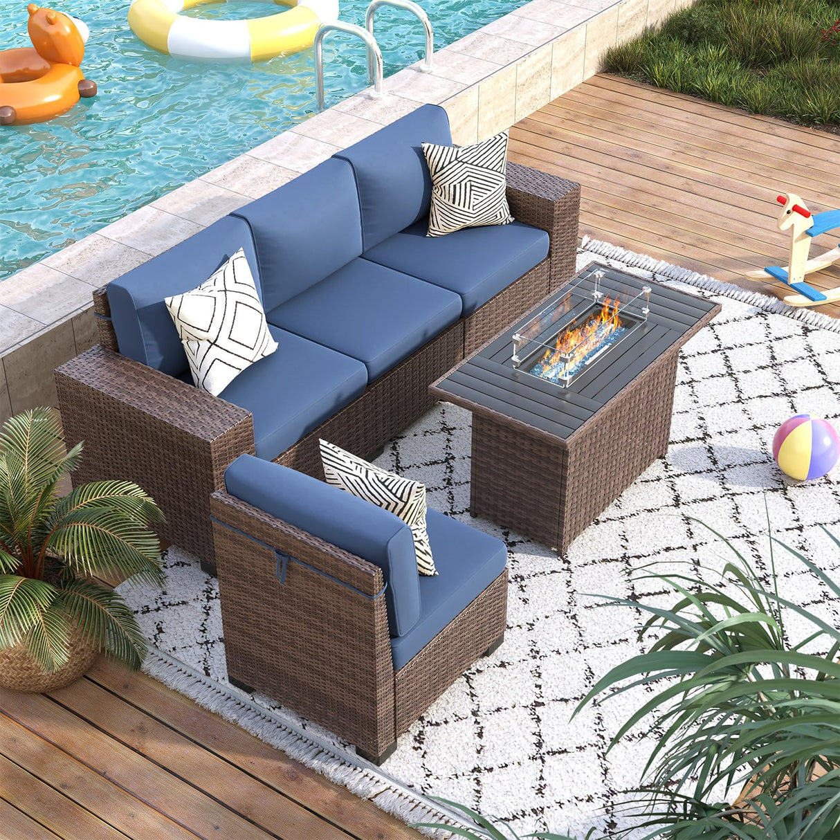 VONZOY 5 Piece Patio Furniture Set with Fire Pit Table, Wide Armrest Modular Outdoor Conversation Sets Brown PE Wicker Rattan Sectional Sofa, 4'' Thickened Cushion Navy Blue VONZOY