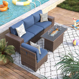 VONZOY 5 Piece Patio Furniture Set with Fire Pit Table, Wide Armrest Modular Outdoor Conversation Sets Brown PE Wicker Rattan Sectional Sofa, 4'' Thickened Cushion Navy Blue VONZOY