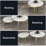 Xinyvee Nesting Coffee Table Set of 2, 31.5" Round Coffee Table Wooden Marble Pattern Accent Furniture, Industrial End Table for Living Room Bedroom Balcony (White/Gold) Xinyvee