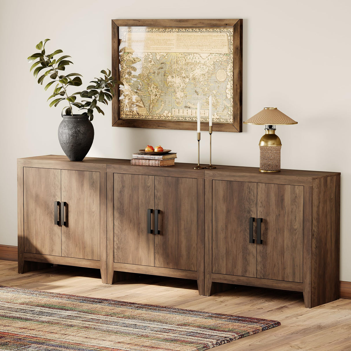 WAMPAT Farmhouse TV Stand for TVs up to 85 Inch, Rustic Wood Entertainment Center & Media Console with 6 Storage Doors, Accent Cabinet for Living Room, Hallway, Rustic Brown WAMPAT