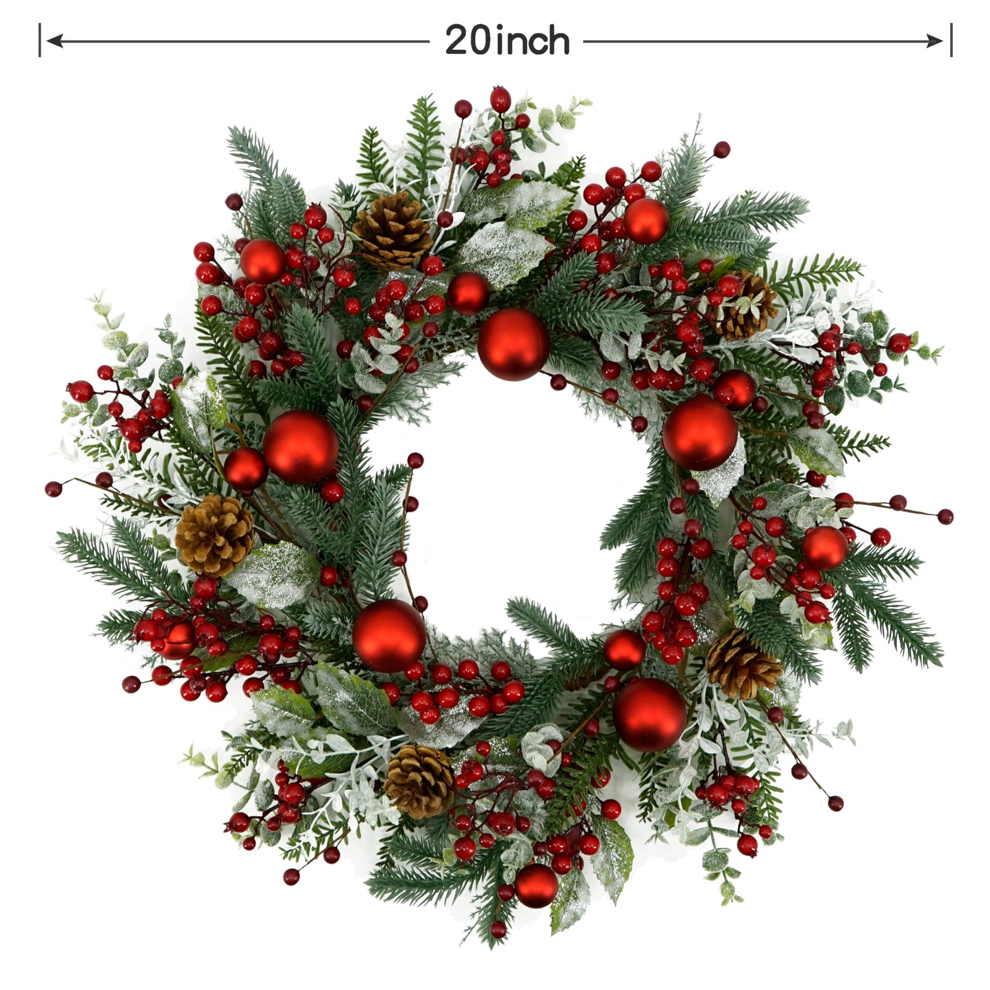 AMF0RESJ 20 inch Artificial Christmas Wreath Winter Wreath with red Ball,red Berry,Pine Needles for Indoor Outdoor Farmhouse Home Wall Window Festival Wedding Decor