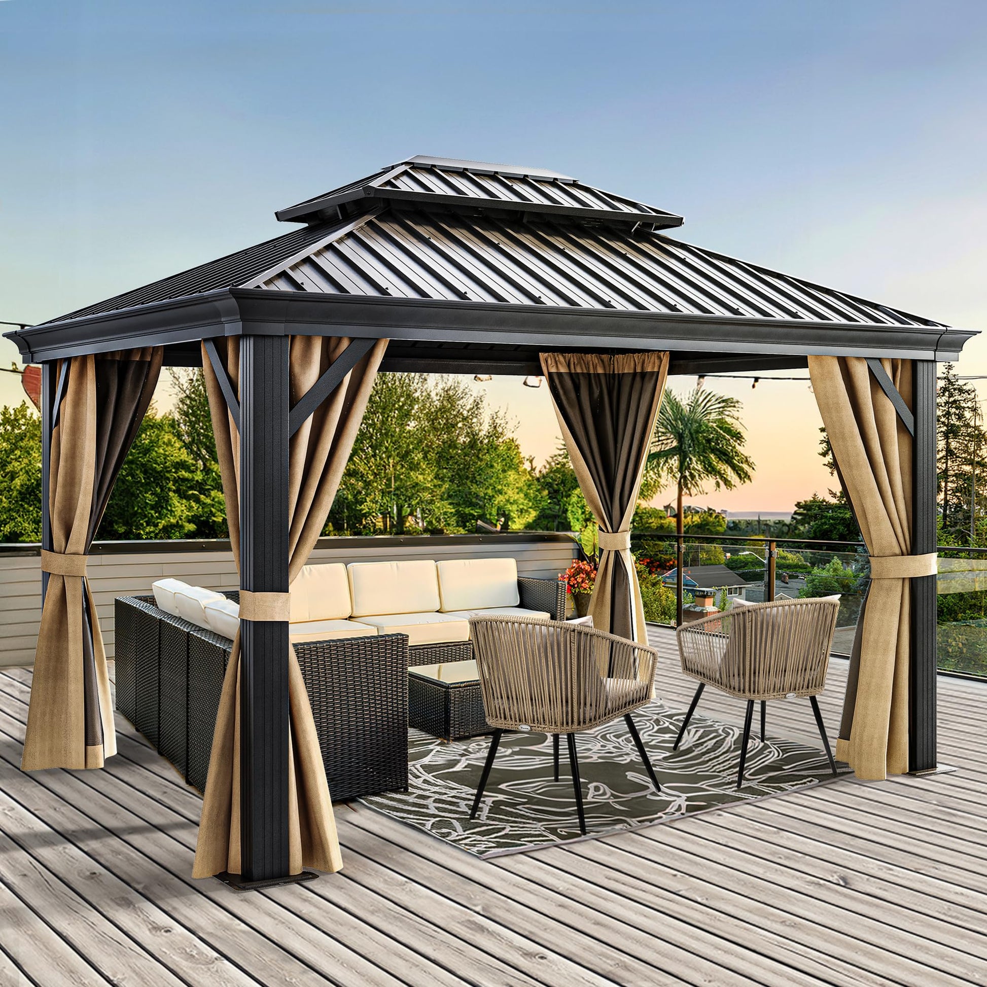 DWVO 10x12ft Hardtop Gazebo Double Roof with Nettings and Curtains, Heavy Duty Galvanized Steel Outdoor Vertical Stripes Roof for Patio, Backyard, Deck, Lawns, Brown - WoodArtSupply