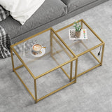 Nesting Coffee Table Set of 2, Gold Glass Coffee Tables, Square Center Coffee Table for Living Room,Nesting Tables with LED Lights for Home, Office, Bedroom, Tempered Glass-top with Sturdy Metal Frame Adompacat