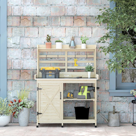 Outsunny Outdoor Wooden Potting Bench Table, Garden Workstation with Storage Cabinet, Storage Shelves for Backyard, Patio, Balcony, Natural Outsunny