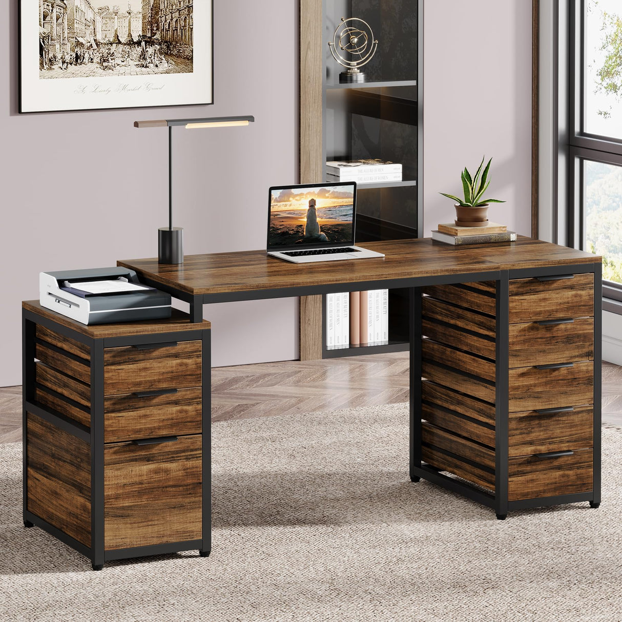 Tribesigns Computer Desk with 8 Drawers, 63" Office Desk with Reversible File Cabinet and Storage Drawers, Industrial PC Desk Study Writing Table Workstation for Home Office, Rustic Brown Tribesigns