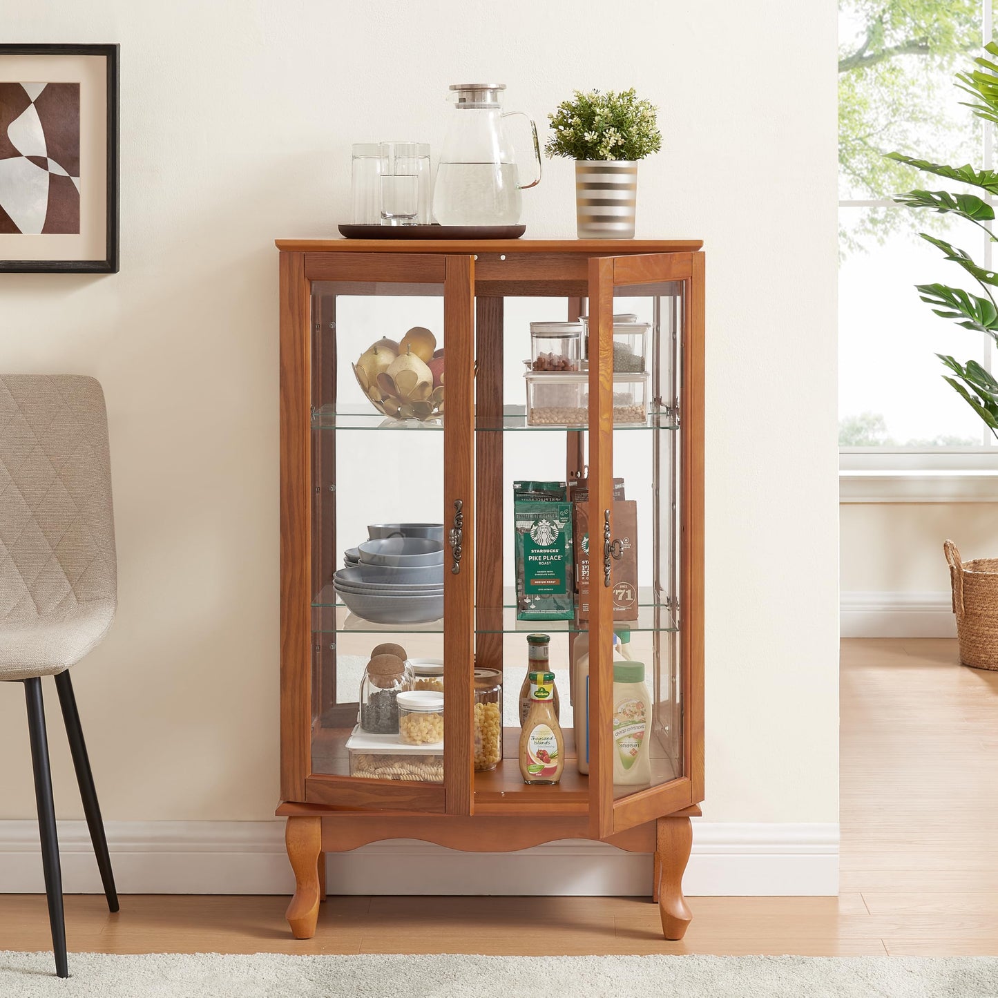 nifoti 43" H Lighted Curio Cabinet Display Case, Glass Curio Cabinet with Adjustable Shelves and Tempered Glass Door, Wooden Curio Cabinet w/Mirrored Back Pane for Living Room (Oak)