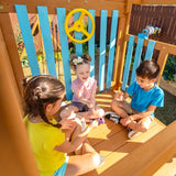 Teamson Kids Wooden Swing Sets for Backyard Outdoor Playset with Slide Rock Wall Trapeze Bar Fireman Pole Pirate Wheel Kids Playground with Swingset Holds 9 Children Ages 3 to 10 Teamson Kids